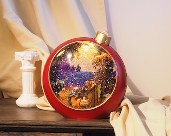 Lighted Nativity Glitter Ornament 8.3 Inch, LED Christmas Religious Scene Decor, Holy Family Lighted christian gift for mom