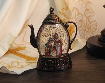 Lighted Nativity Teapot Glitter Globe Ornament – Vintage Christmas Holy Family Snow Globe, Battery Operated christian gift for mom