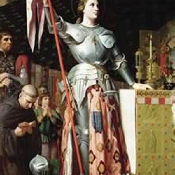 May include: A painting of a person in silver armor holding a red staff with a flag. The person has a halo and is standing in a room with other people. The flag is white and red.