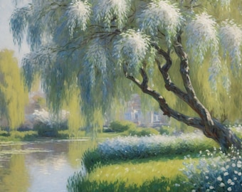 Weeping Willow Tree Overlooking a Pond on a Sunny Day printable wall art