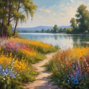 May include: A painting depicting a path winding through a field of wildflowers towards a lake. The lake is bordered by trees and hills in the distance. The sky is blue with white clouds.