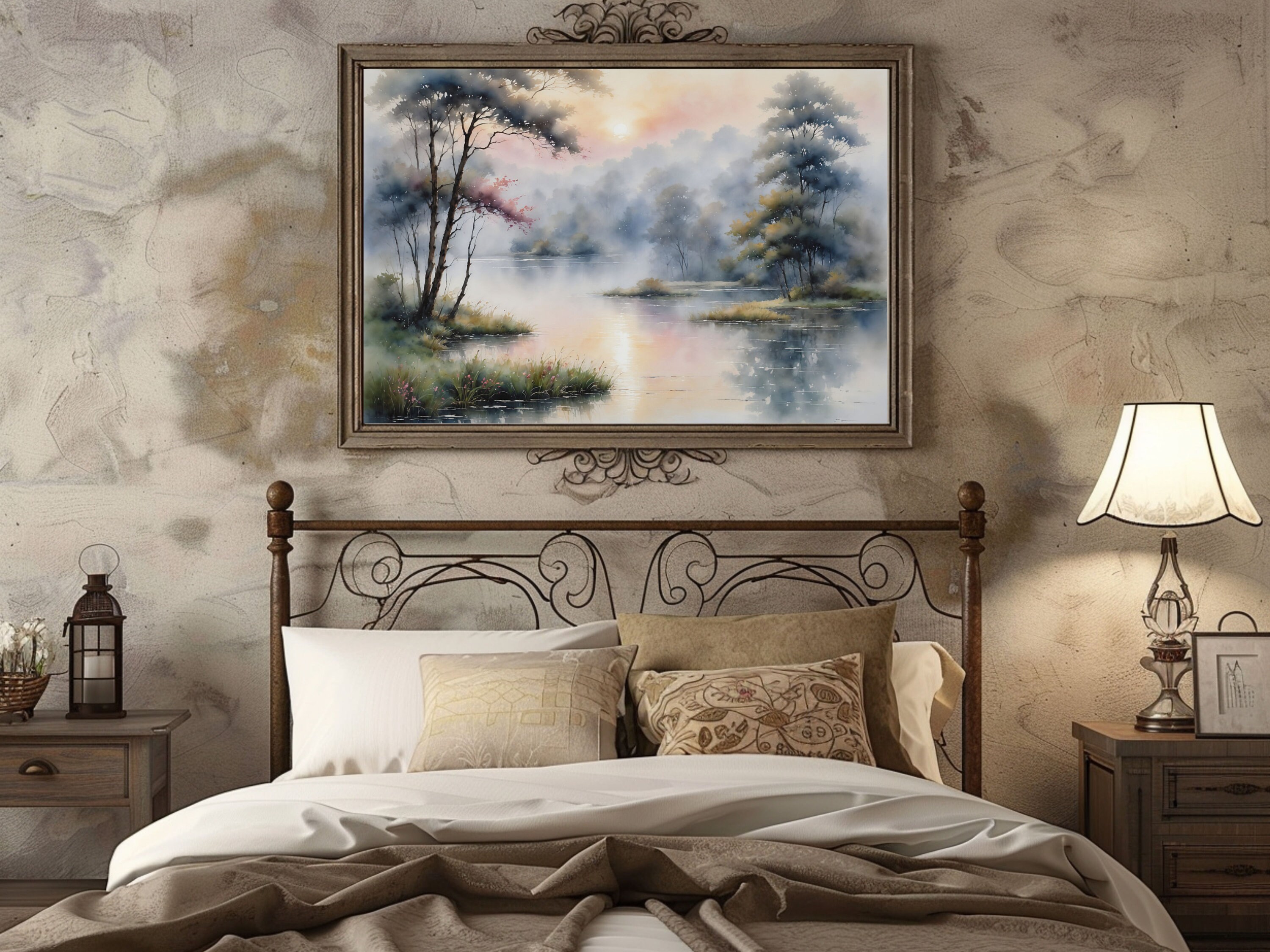 Watercolor Painting of a Misty Morning Lake Scene With Trees ...
