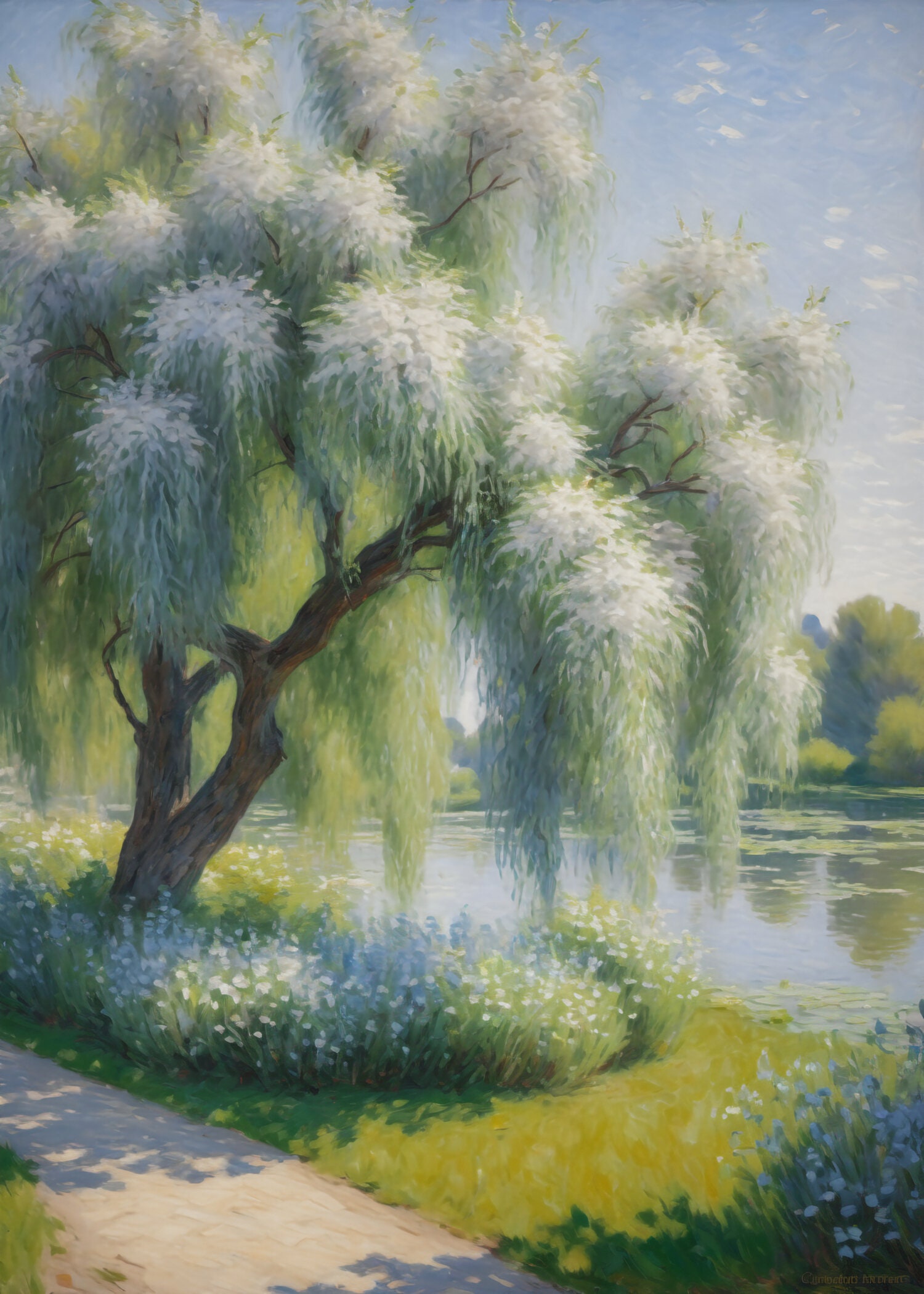 White Weeping Willow Tree Overlooking a Pond on a Summer Day
