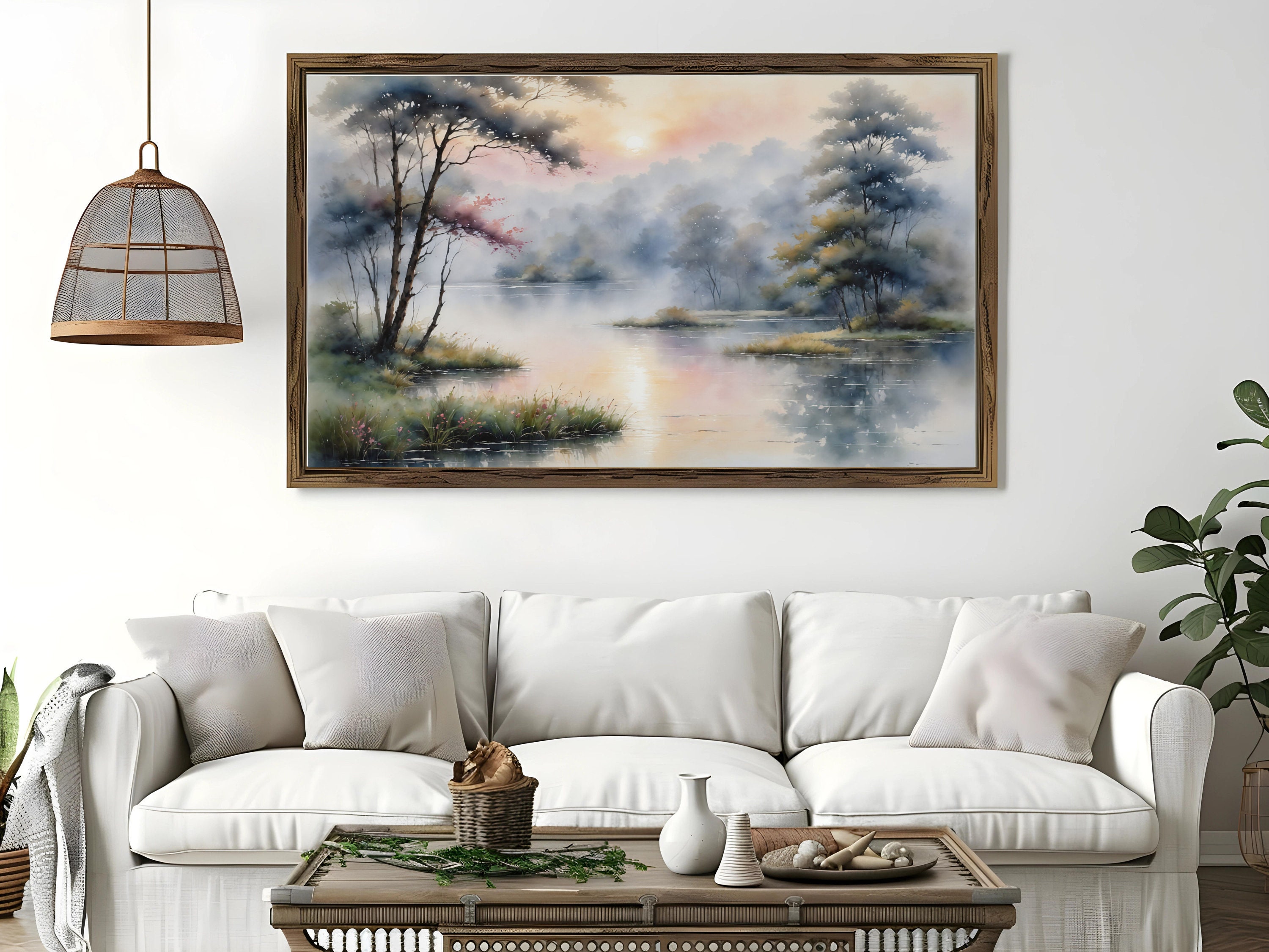 Watercolor Painting of a Misty Morning Lake Scene With Trees ...