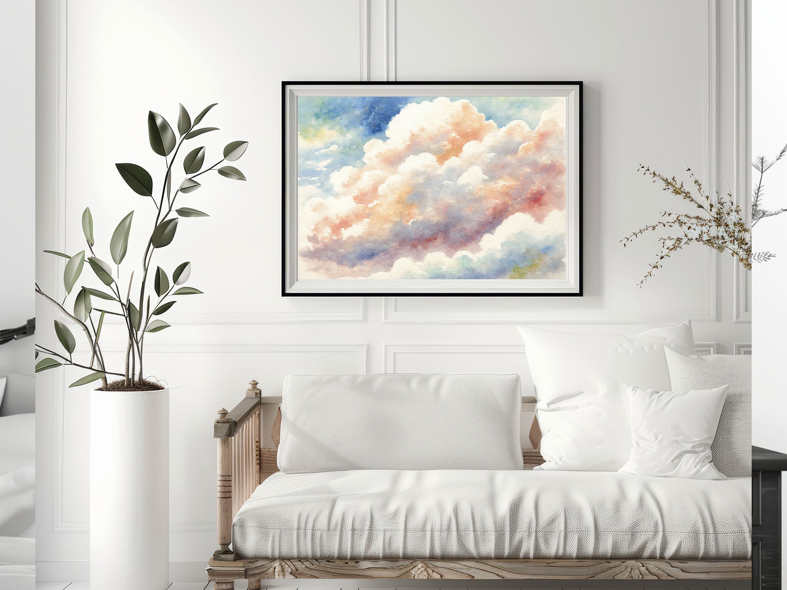 A Watercolor Painting of White, Pink, and Blue Clouds in the Sky ...