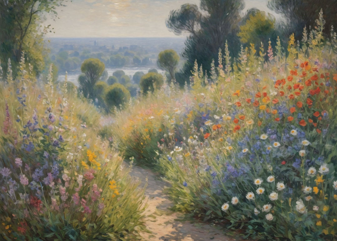 A Sunlit Garden Path With Blooming Flowers and Trees - Impressionist ...