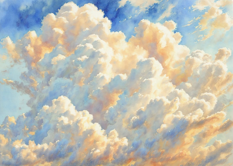 A Watercolor Painting of White, Yellow, and Blue Clouds in the Sky ...