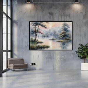 Watercolor Painting of a Misty Morning Lake Scene With Trees ...