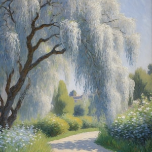 Op de afbeelding: Een schilderij van een witte treurwilg met een pad dat door een bloemenveld loopt. De boom staat in volle bloei en de bloemen zijn in verschillende tinten blauw en wit.