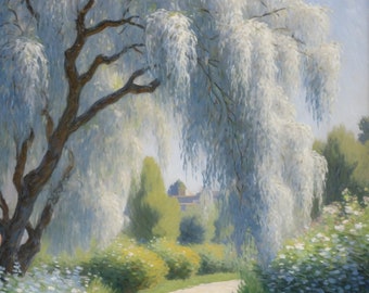 Weeping Willow Tree Overlooking a Walking Path on a Sunny Day printable wall art