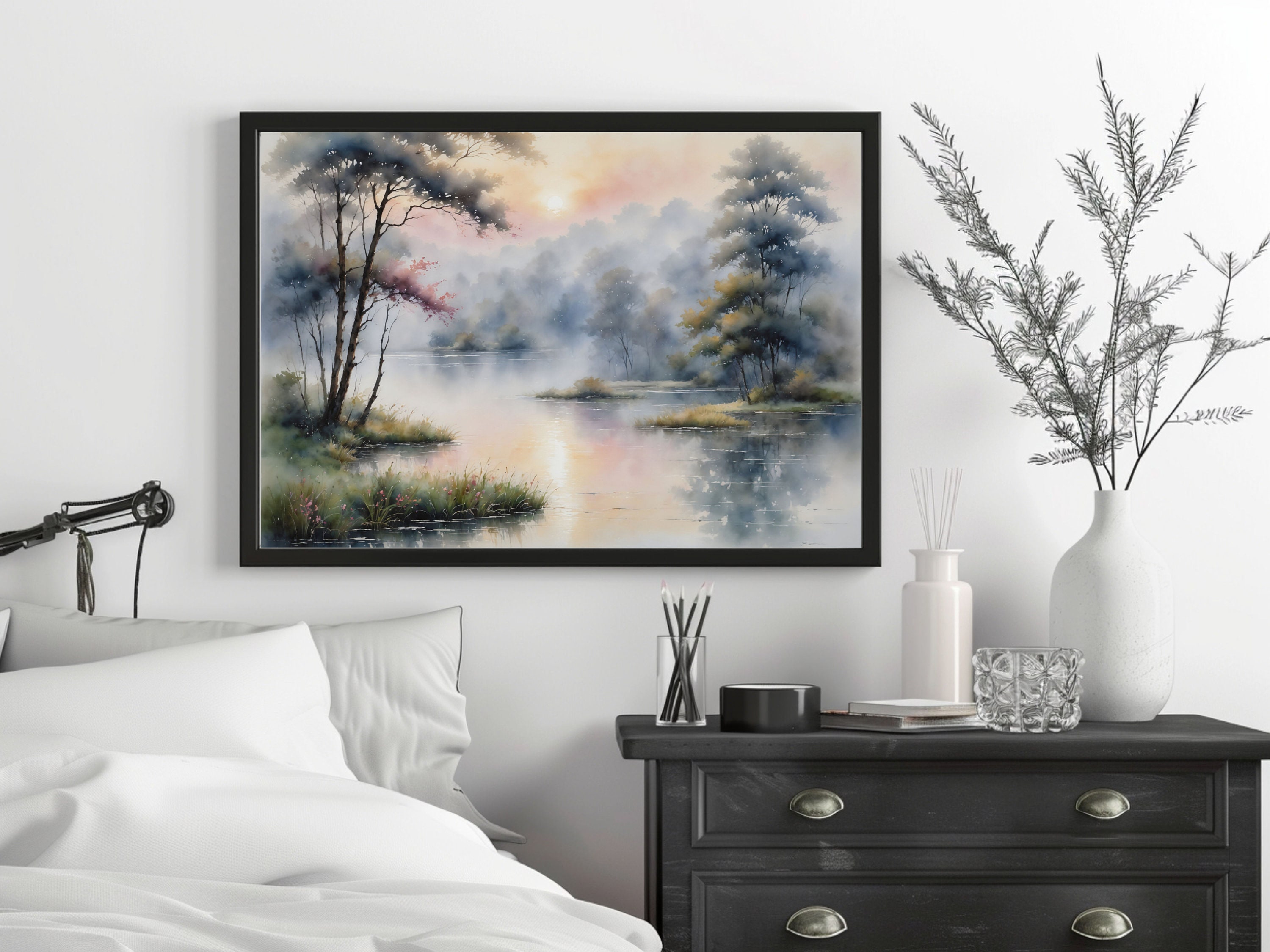 Watercolor Painting of a Misty Morning Lake Scene With Trees ...