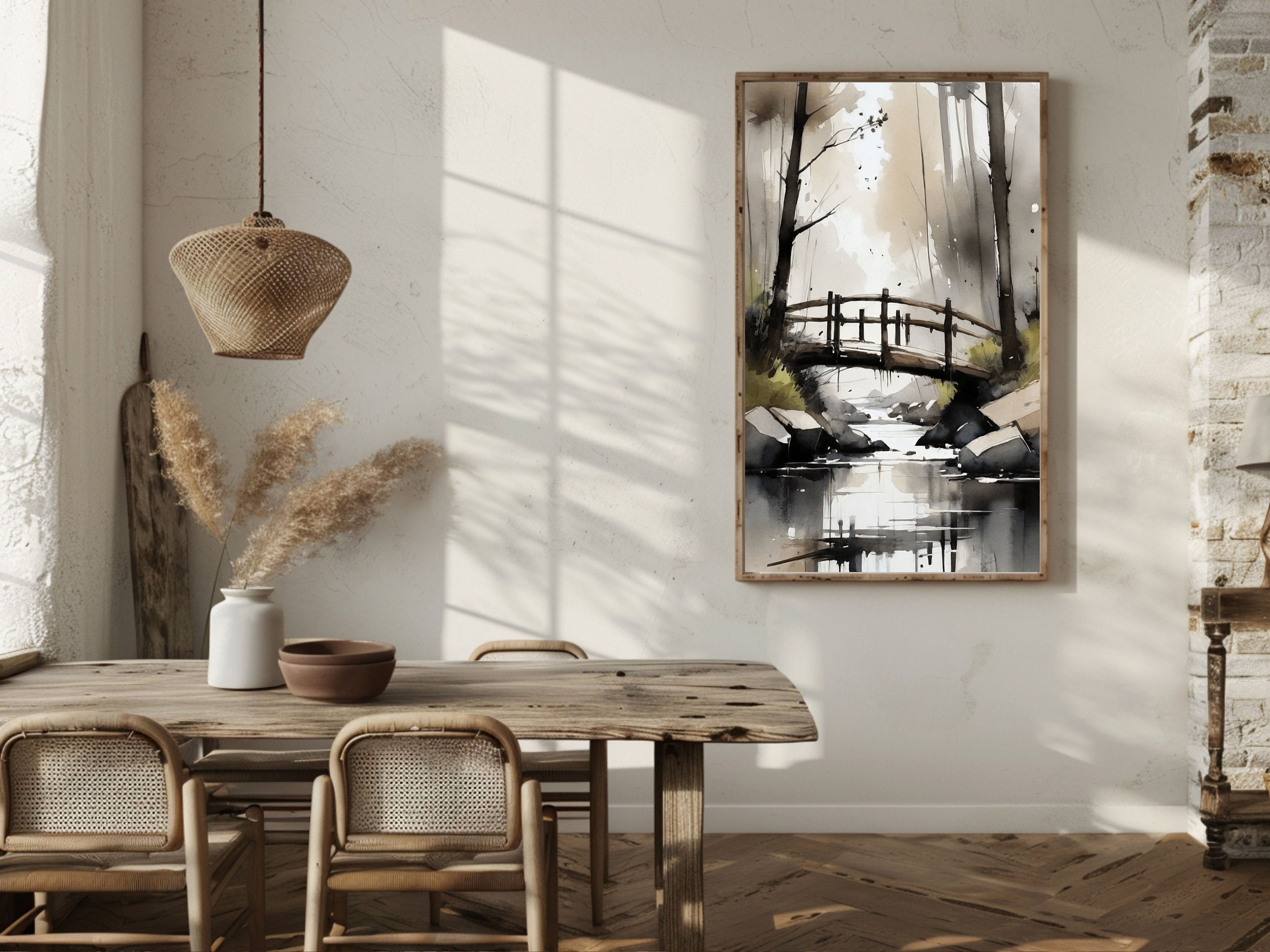 Watercolor Painting of a Wooden Bridge Over a Creek - Abstract ...