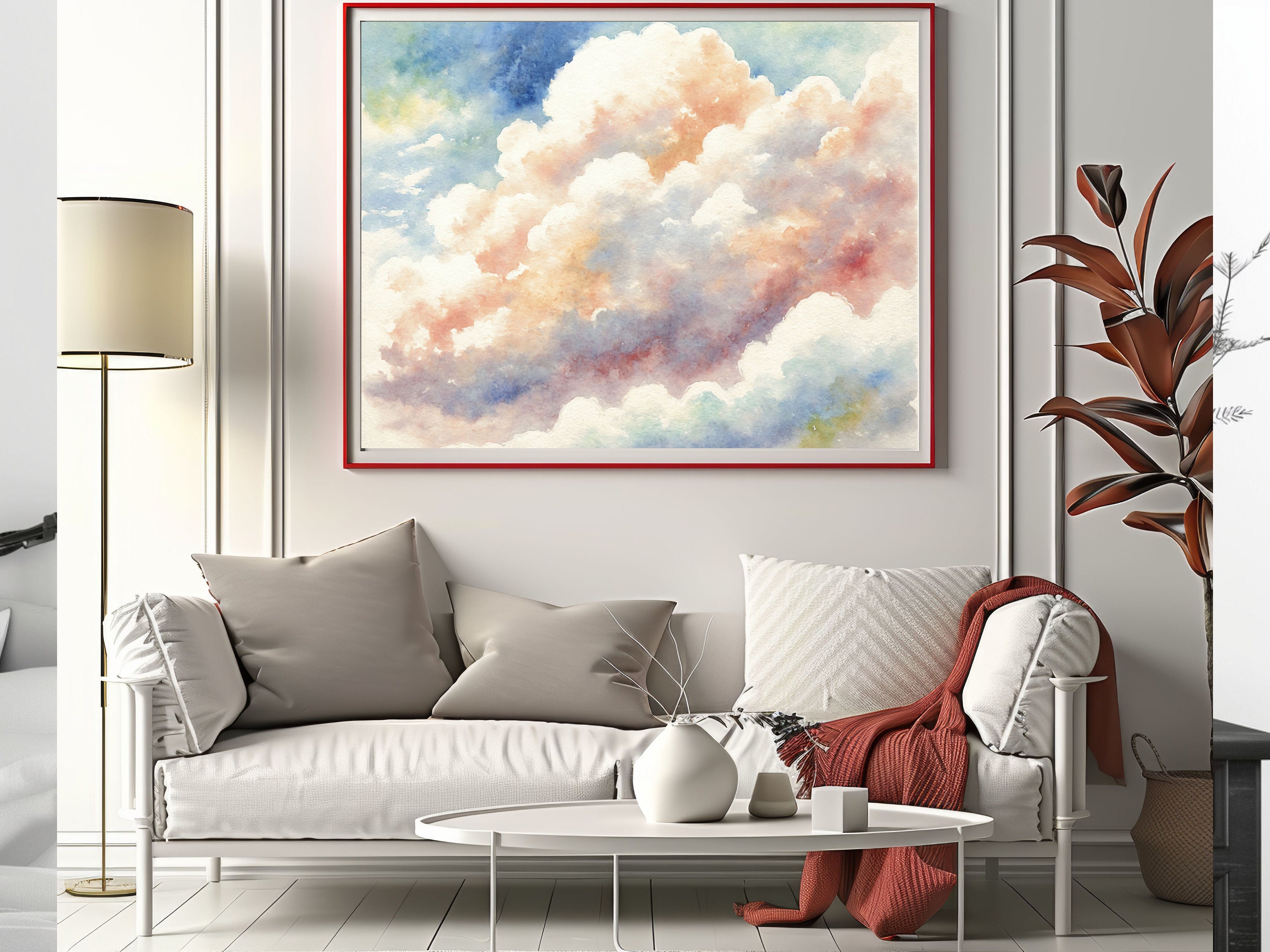 A Watercolor Painting of White, Pink, and Blue Clouds in the Sky ...