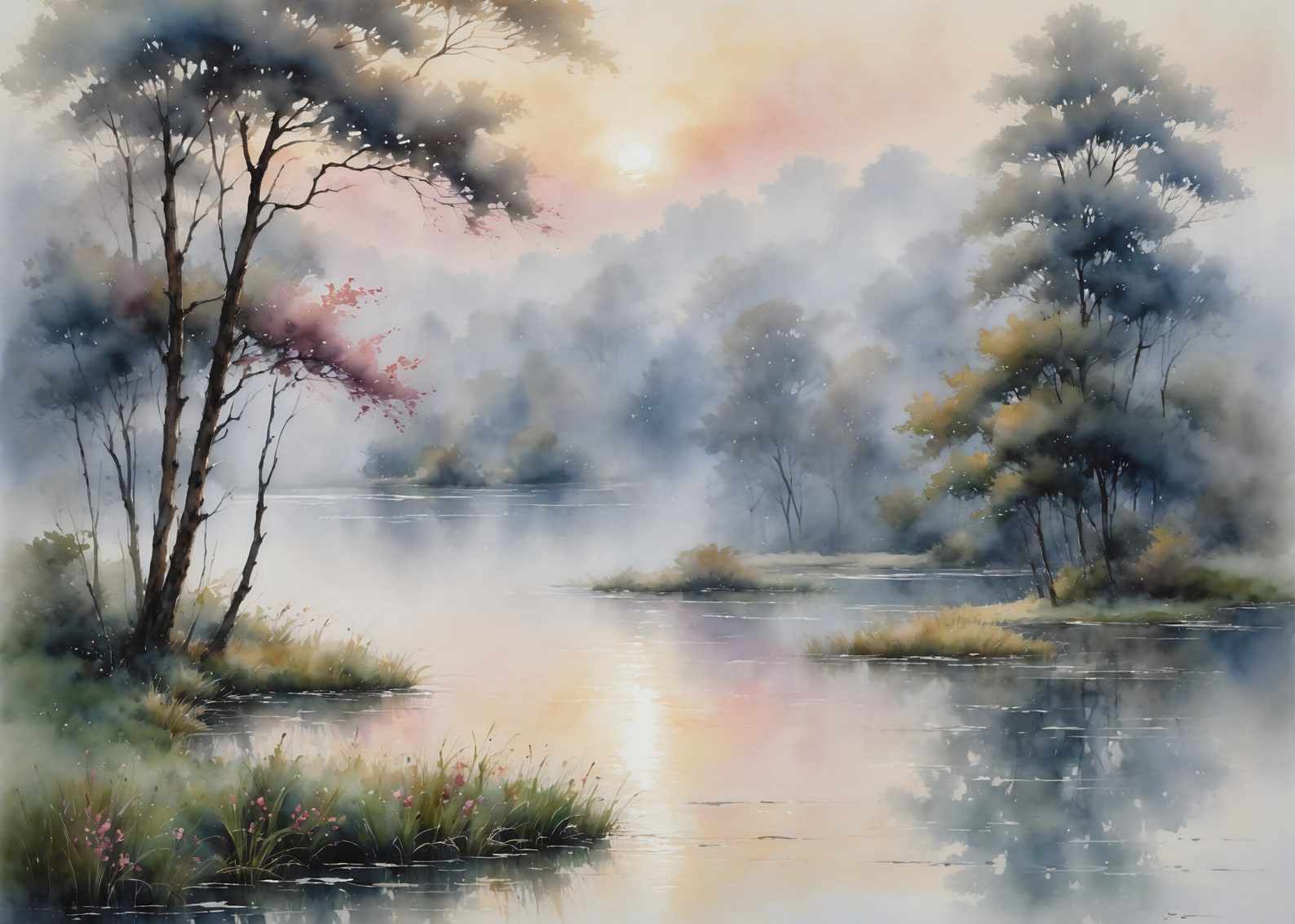 Watercolor Painting of a Misty Morning Lake Scene With Trees ...