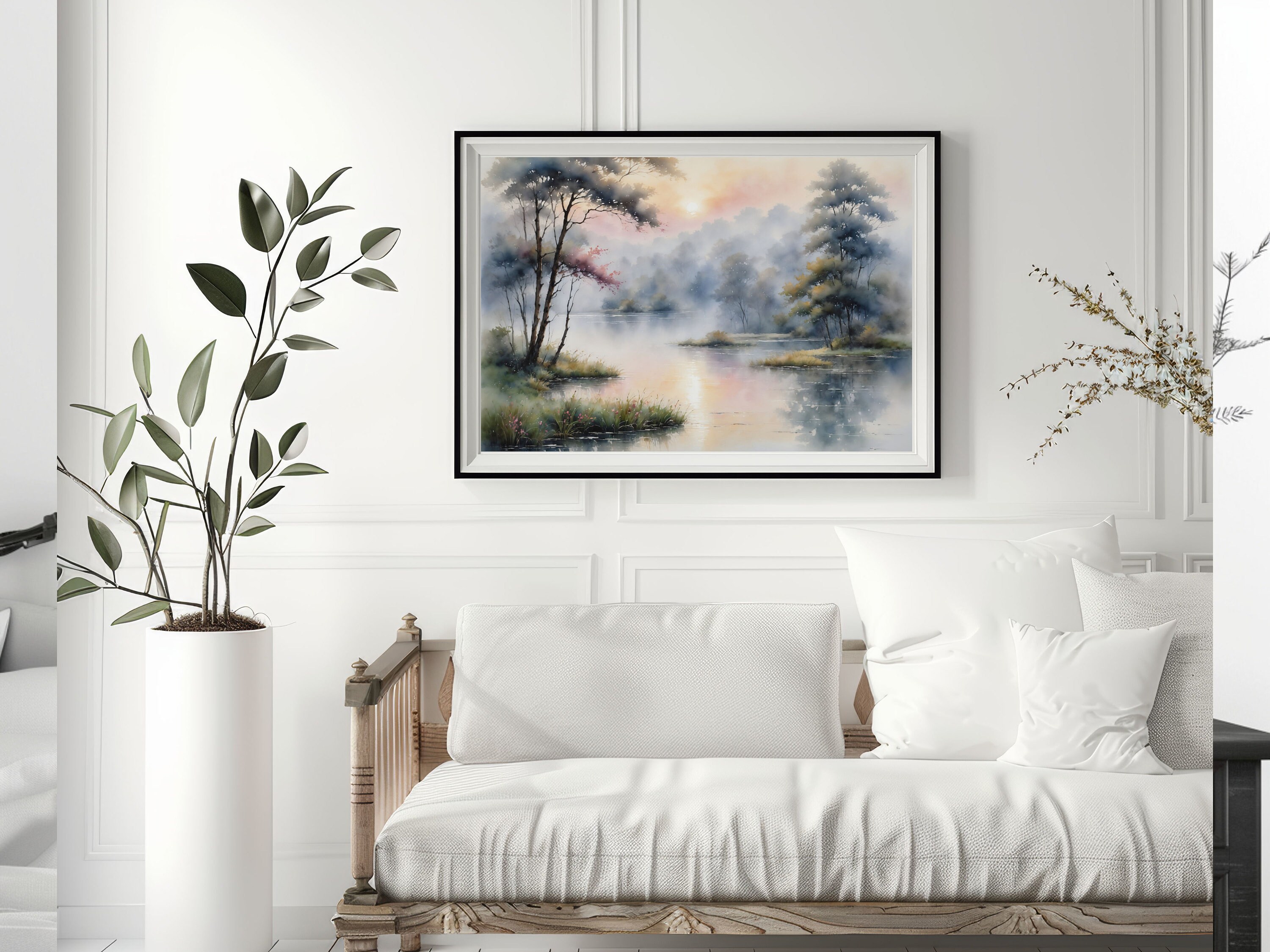 Watercolor Painting of a Misty Morning Lake Scene With Trees ...