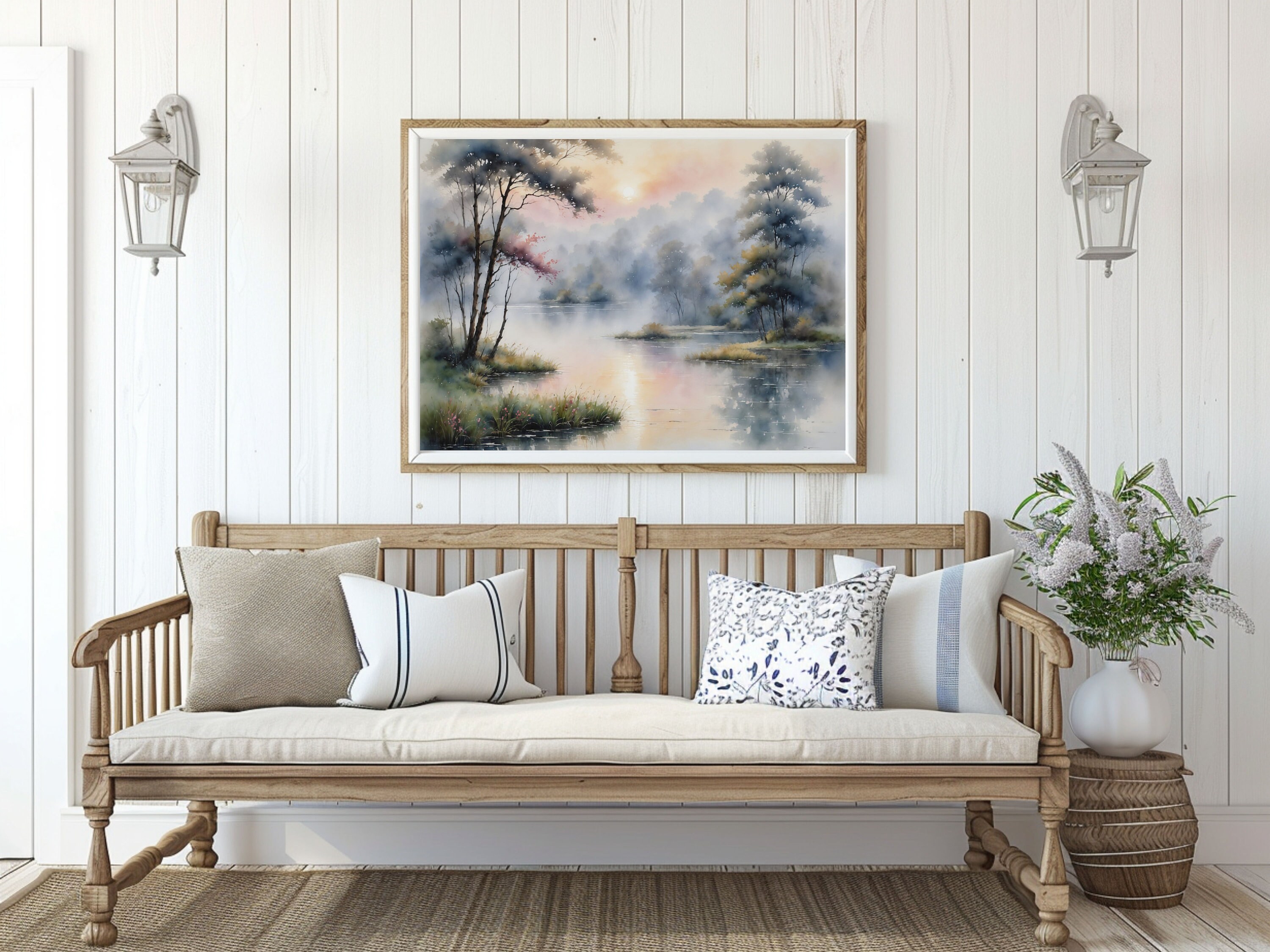 Watercolor Painting of a Misty Morning Lake Scene With Trees ...