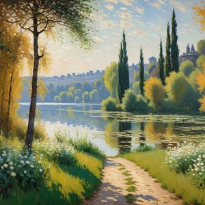 May include: A painting depicting a lake scene with a path leading to a small island featuring tall trees. The lake is surrounded by trees and bushes, and the sky is blue with white clouds.