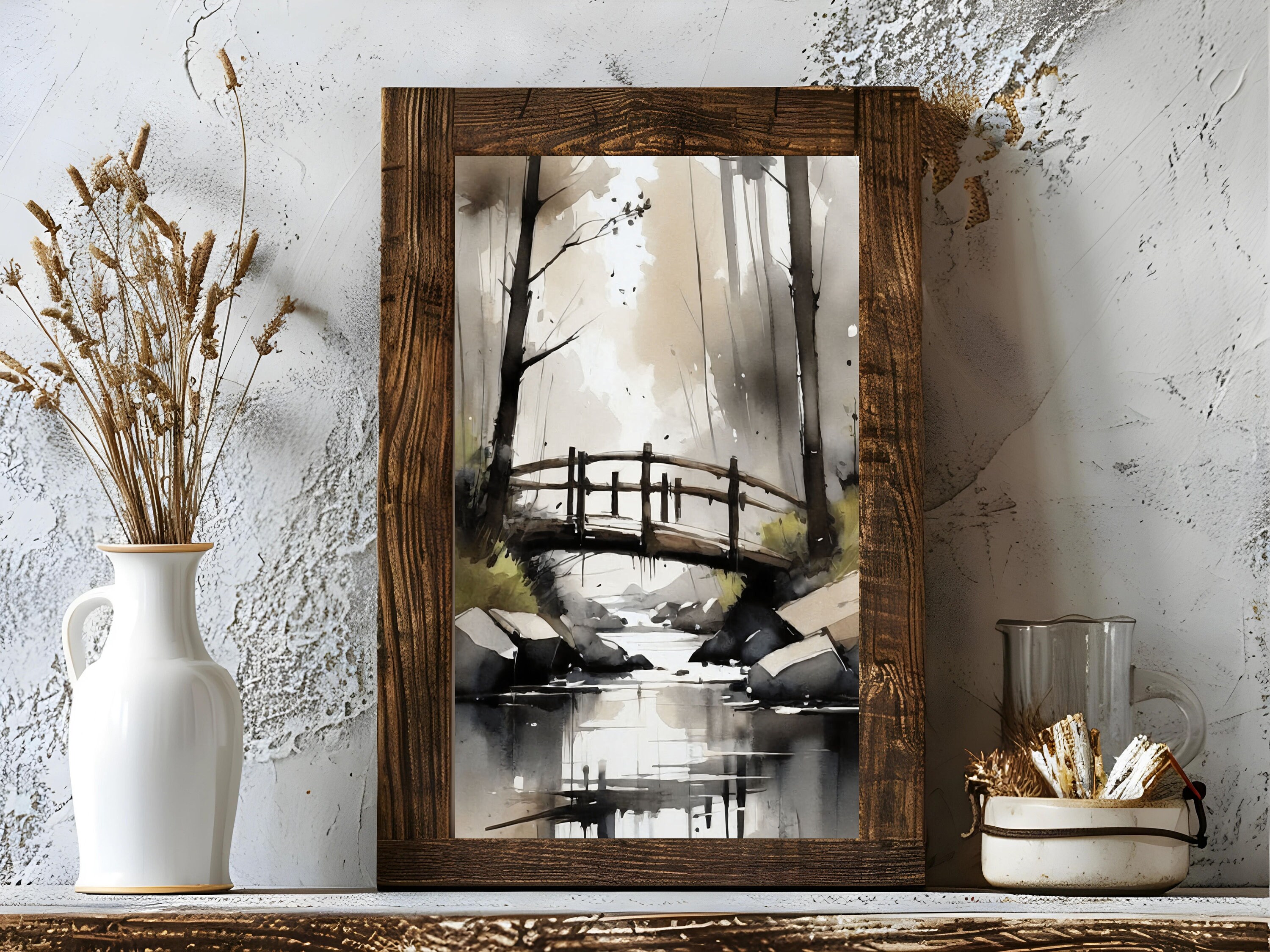 Watercolor Painting of a Wooden Bridge Over a Creek - Abstract ...