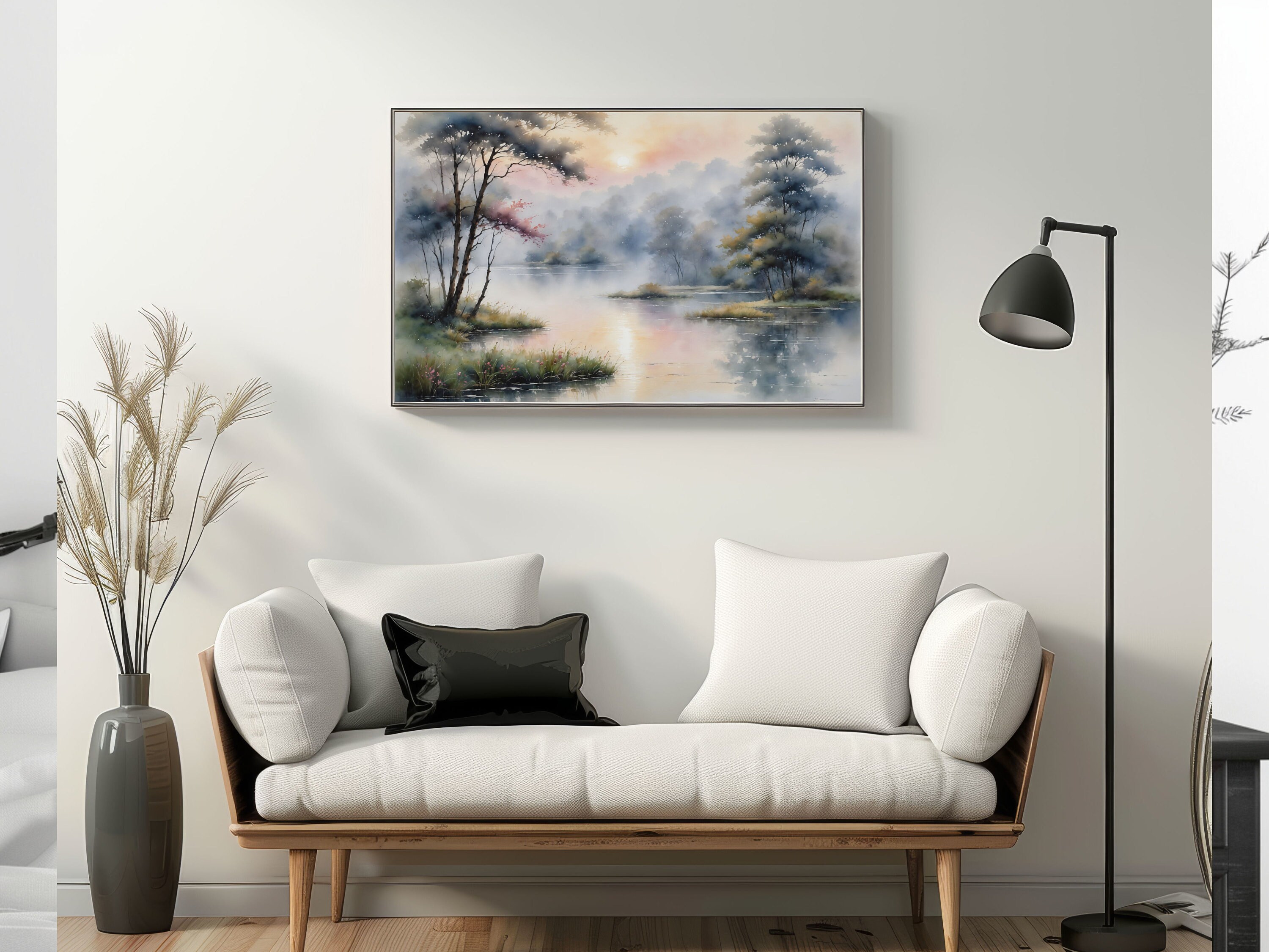 Watercolor Painting of a Misty Morning Lake Scene With Trees ...