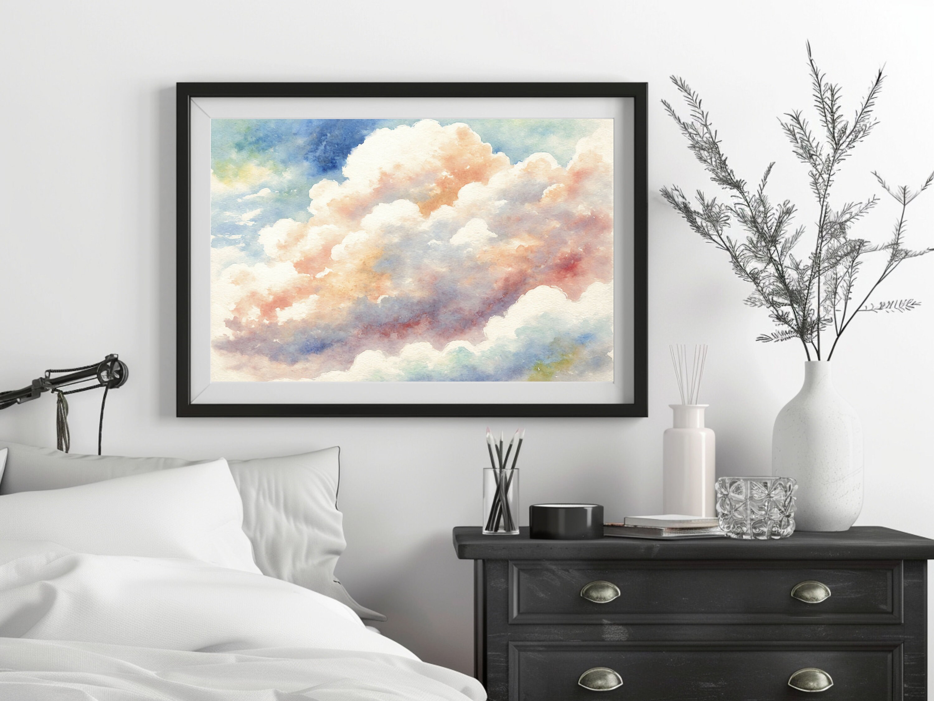 A Watercolor Painting of White, Pink, and Blue Clouds in the Sky ...