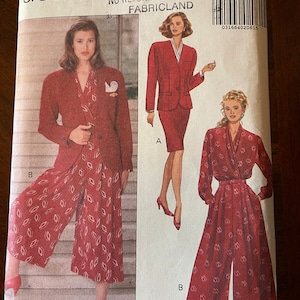 May include: A sewing pattern for a red, patterned pantsuit. The pattern includes a jacket, pants, and a top. The pattern is from Butterick and is for sizes 18-20-22. The pattern is by J.G. Hook and is for FabricLand.