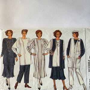 May include: A sewing pattern featuring five different clothing designs for women. The designs include a dress with a striped pattern, a white top with long sleeves, a blue and white dress, a blue vest with a white top, and a white jacket with a blue vest.