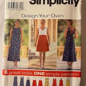 May include: Simplicity sewing pattern number 7651, Design Your Own, for sizes 12, 14, and 16. The pattern features six different styles of a sleeveless dress with a variety of necklines and back details. The pattern is shown on three models wearing different versions of the dress.