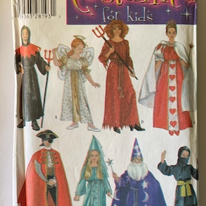 May include: A sewing pattern for children's costumes. The pattern includes designs for a devil, angel, queen of hearts, pirate, fairy, wizard, and ninja. The pattern is from Simplicity and is for kids.