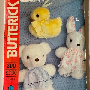 New Uncut Stuffed Animals & Clothes, Duck 5 1/2", Bear 9", and Rabbit 11" Sewing Pattern, Butterick 200/4530