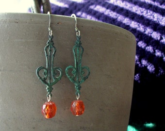 SALE Vintage Inspired Metal Charm and Orange Drop Earrings