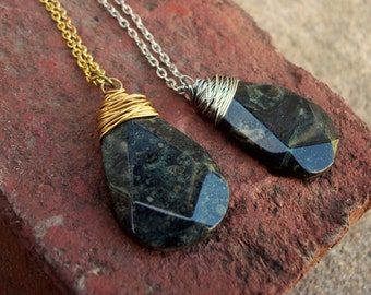 Wire Wrapped Kambaba Jasper Flat Faceted Briolette Necklace in Silver or Gold