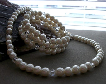 Pearl & Clear Beaded Necklace and Memory Wire Beaded Bracelet Set