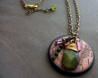 SALE Ephemera Wood Charm with Wire Wrapped Green Drop and Shiny Accent Necklace