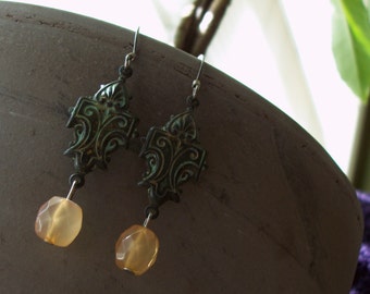 SALE Vintage Inspired Metal Charm and Peach Drop Earrings