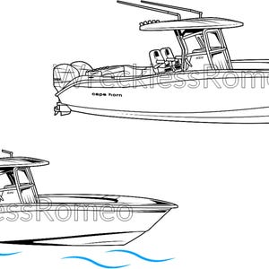 Peut inclure: Dessin au trait de deux bateaux Cape Horn. Les bateaux sont blancs avec des contours noirs, avec une cabine, des sièges et deux moteurs hors-bord. Le texte "Cape Horn" est visible sur le côté du bateau. Les bateaux sont sur fond blanc.