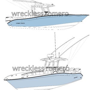 Peut inclure: Deux illustrations d'un bateau bleu clair et blanc avec le texte "wreckless romero" et "cape horn". Les bateaux ont une cabine, un radar et des supports de canne à pêche. Les bateaux sont conçus pour un usage récréatif.