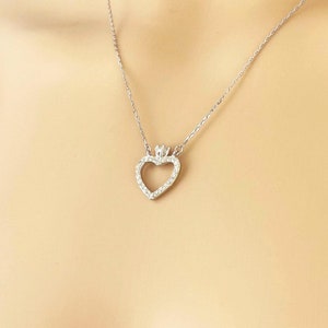 Silver Heart Pendant Necklace, CZ Diamonds, White gold Rhodium Plated Sterling Silver, Heart Pendant with Top Prong, Minimalist Necklace