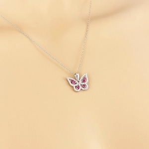Diamond Butterfly Pendant Necklace, White Gold Rhodium over 925 Sterling Silver, CZ Diamonds, Cz Ruby, Silver Butterfly Necklace for Women