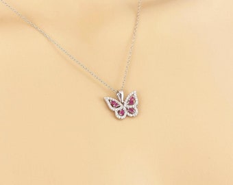 Diamond Butterfly Pendant Necklace, White Gold Rhodium over 925 Sterling Silver, CZ Diamonds, Cz Ruby, Silver Butterfly Necklace for Women