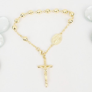 Italian Gold Rosary Bracelet, Yellow Gold Plated Sterling Silver, Beaded Rosary Bracelet, Women&#39;s Rosary, Christian Bracelet, Catholic Cross