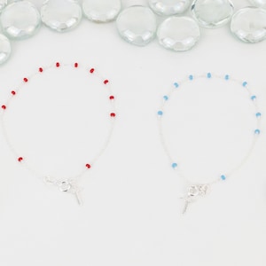 Italian Beaded Rosary Bracelet, Sterling Silver, Red or Blue Beads, Cross Charm Bracelet, Minimalist Design Silver Rosary Bracelet for Women