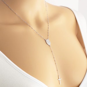 Sterling Silver Rosary Necklace Chain for Women, Beaded Rosary Chain Necklace, Religious Necklace, Virgin Mary Necklace, Christian Necklace