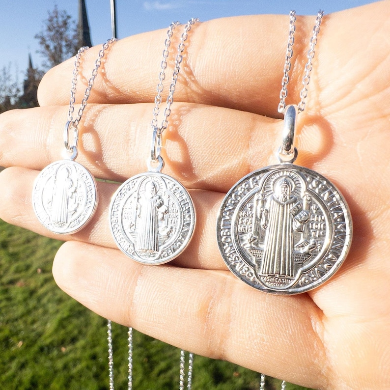 Silver Saint Benedict Pendant, Italian 925 Sterling Silver, Christian Necklace, Catholic Necklace, Saint Coin Pendant, Religious Jewelry, St. Benedict Medal, Faith Jewelry, Sterling Silver Pendant, Christian Gift, Protection Necklace, Catholic Medal.
