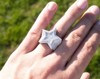 Iced Out Star Ring, Sterling Silver, White Gold or Yellow Gold