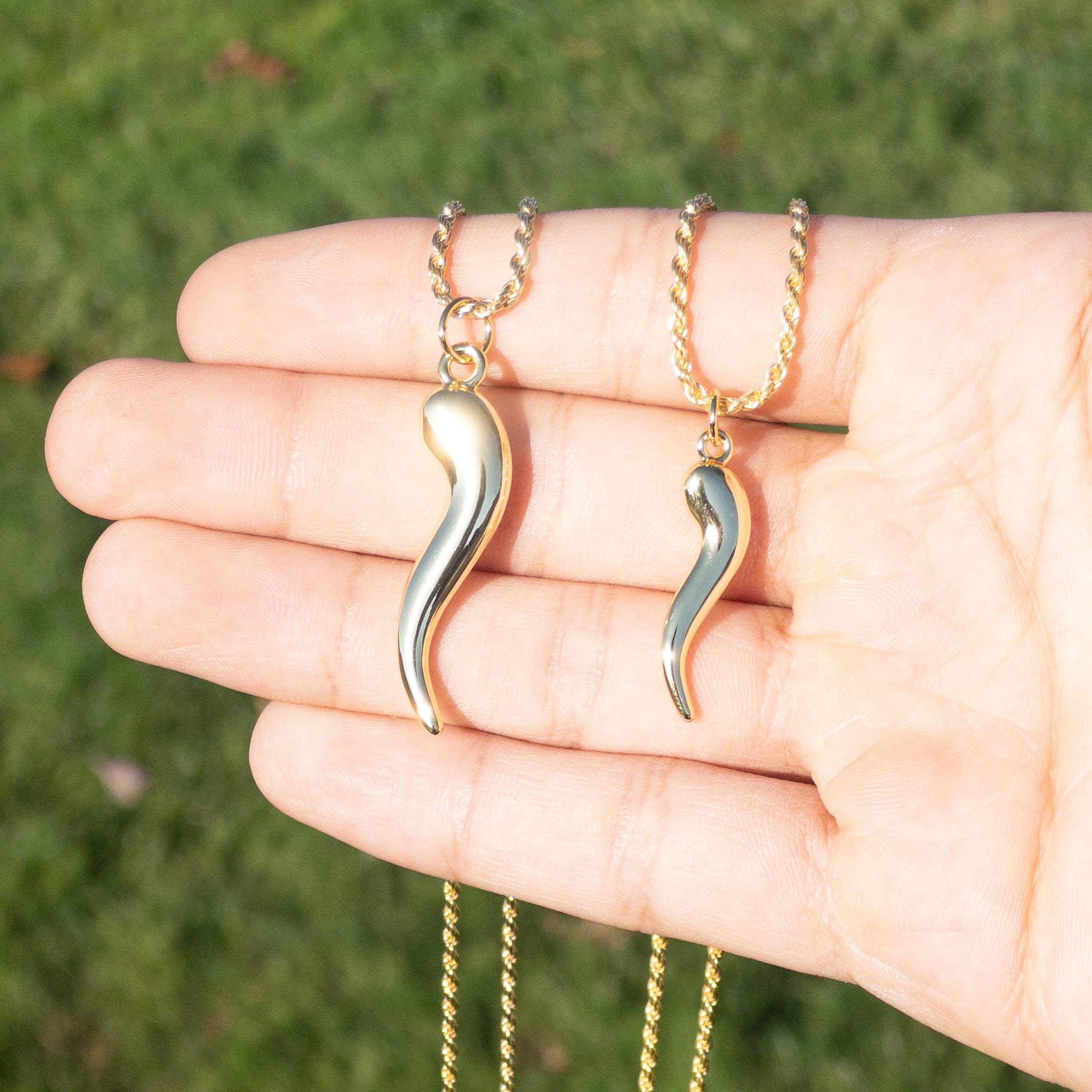 Gold Cornicello Mens Italian Horn Necklace White Gold Cornicello