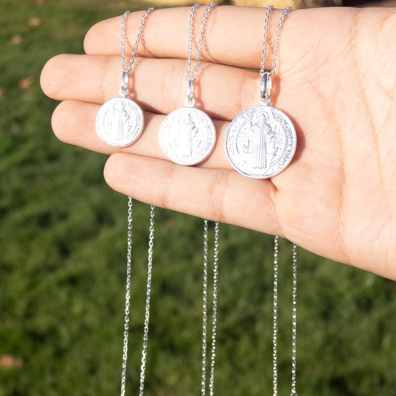 Silver Saint Benedict Pendant, Italian 925 Sterling Silver, Christian Necklace, Catholic Necklace, Saint Coin Pendant, Religious Jewelry, St. Benedict Medal, Faith Jewelry, Sterling Silver Pendant, Christian Gift, Protection Necklace, Catholic Medal.