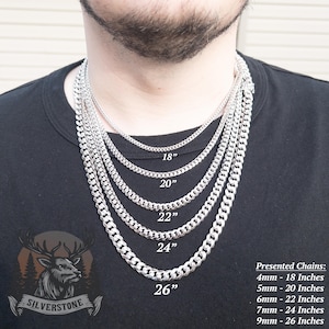 May include: Silver curb chain necklaces in various lengths, displayed on a person. The chains range from 18 to 26 inches, with widths from 4mm to 9mm. The image includes text indicating chain sizes and a logo with a deer.