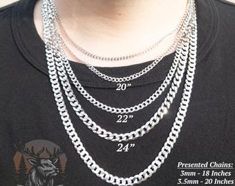 Italian Flat Curb Chain Necklace, 925 Sterling Silver, White Gold Rhodium, Light Weight, Thin, Silver Necklace, Women's & Men's Silver Chain