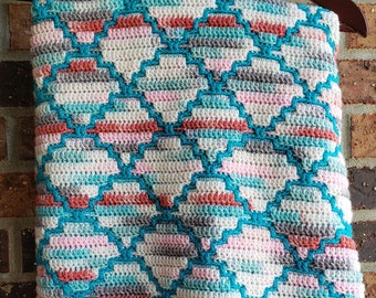 Mosaic Crochet Mermaid Scale Blanket with Turquoise Accent READY TO SHIP!