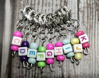 Hook Size Stitch Markers with Lobster Clasp, Set of 9 Stitch Markers, Sizes C, D, E, F, G, H, I, J, K